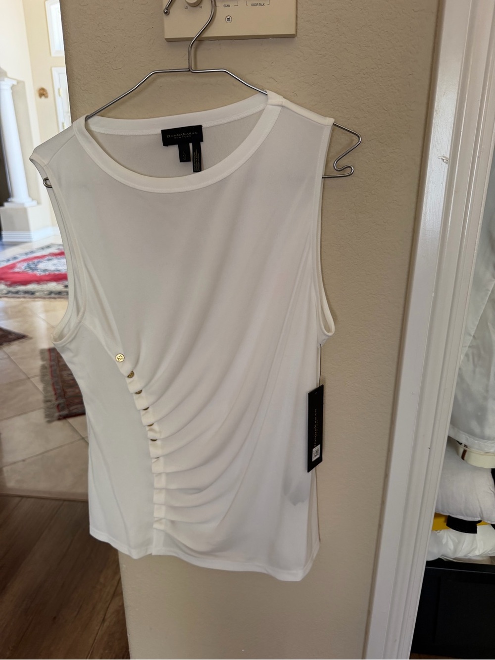 Donna Karan White Sleeveless Draped Button-Accent Tank